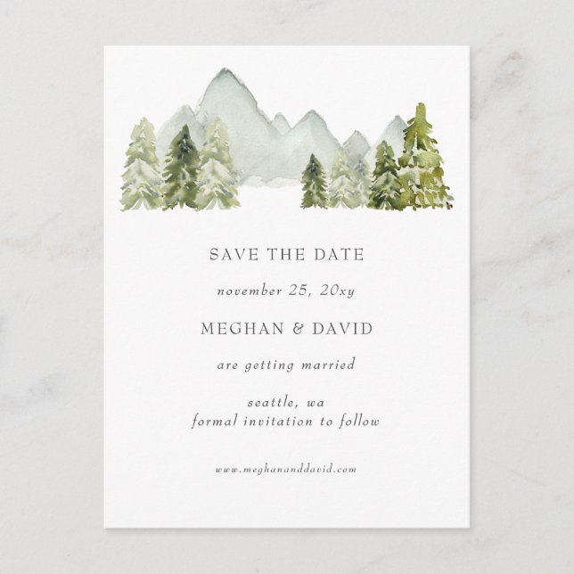 Rustic Watercolor Mountains  Save The Date Announcement Postcard (Front)