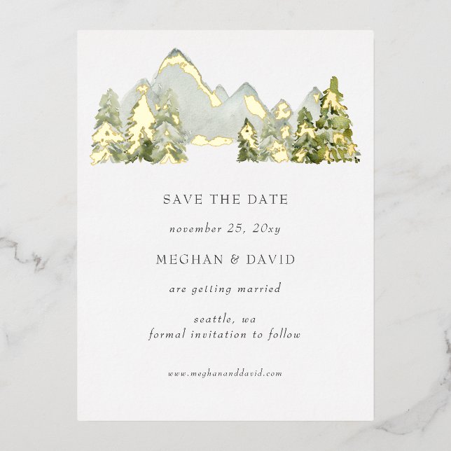 Rustic Watercolor Mountains  Save The Date Foil Invitation Postcard (Front)