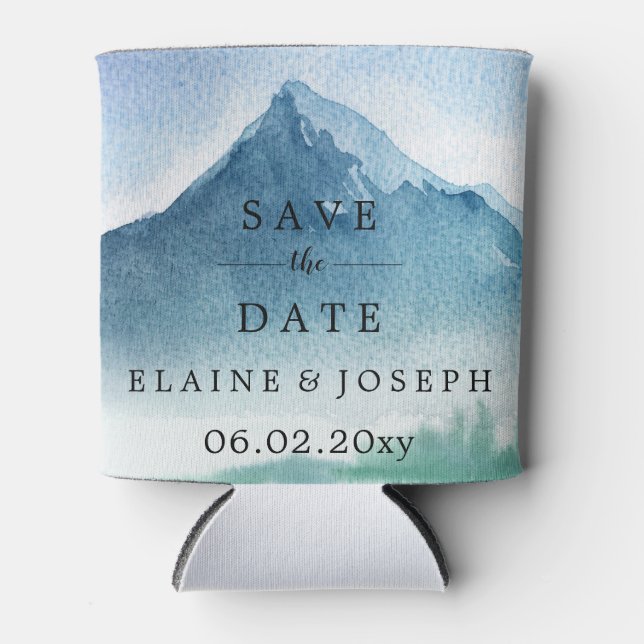 Rustic Watercolor Mountains Save The Date Photo Can Cooler (Front)