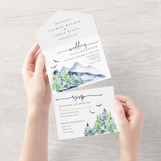 Rustic Watercolor Mountains Wedding  All In One Invitation (Tearaway)