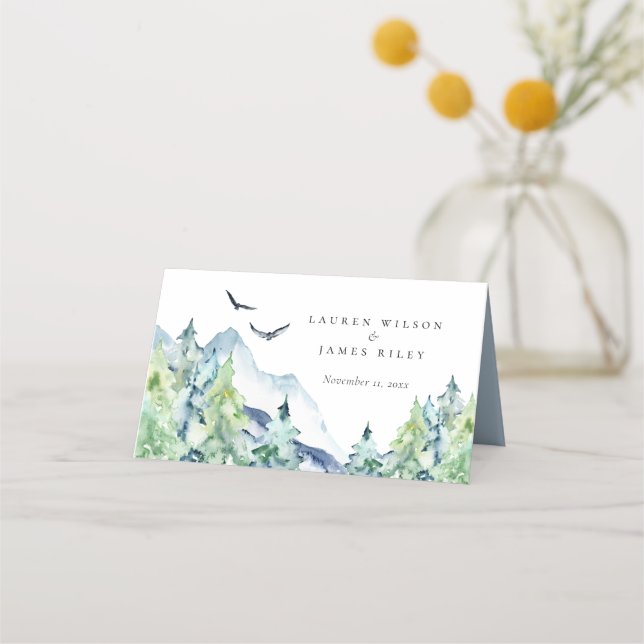 Rustic Watercolor Mountains Wedding Place Card (Front)