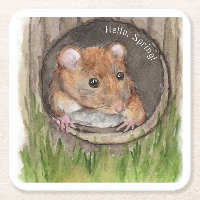 Rustic Watercolor Mouse Square Paper Coaster (Front)
