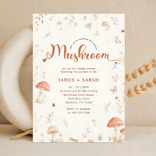 Rustic Watercolor Mushroom Bee Baby Shower Invitation