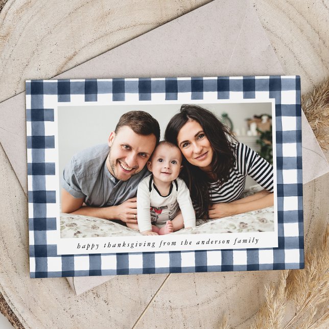 Rustic Watercolor Navy Plaid Photo Thanksgiving Holiday Card (Creator Uploaded)