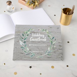 Rustic Watercolor olive leaves wood Wedding Guest Book