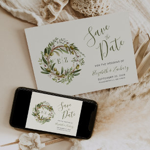 Rustic Watercolor Olive Wreath Save the Date Invitation
