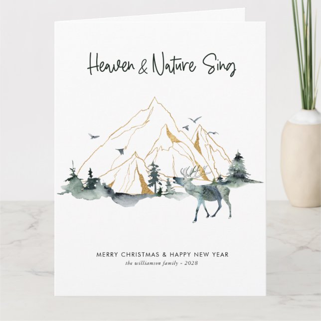 Rustic Watercolor One Photo Woodland Christmas  Card (Front)