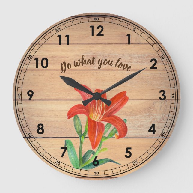 Rustic Watercolor Orange Lily Illustration Large Clock (Front)