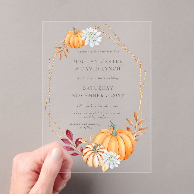 Rustic Watercolor Orange Pumpkins Fall Wedding Acrylic Invitations (Insitu (Handheld))