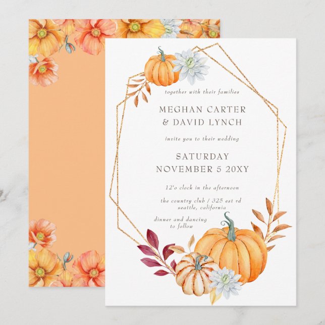 Rustic Watercolor Orange Pumpkins Fall Wedding Invitation (Front/Back)