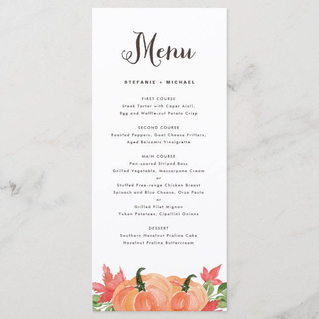 Rustic Watercolor Orange Pumpkins Fall Wedding Menu (Front)