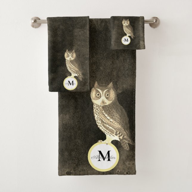Rustic Watercolor Owl Monogram Name Brown Bath Towel Set (Insitu)
