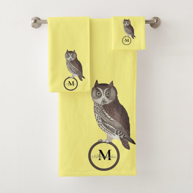 Rustic Watercolor Owl Monogram Name Grey Bath Towel Set (Insitu)