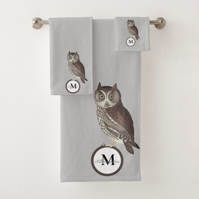Rustic Watercolor Owl Monogram Name Grey Bath Towel Set (Insitu)