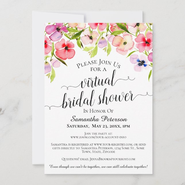 Rustic Watercolor Pansies Virtual Bridal Shower Invitation (Front)