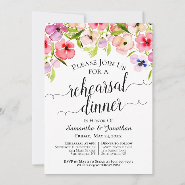 Rustic Watercolor Pansies Wedding Rehearsal Dinner Invitation (Front)