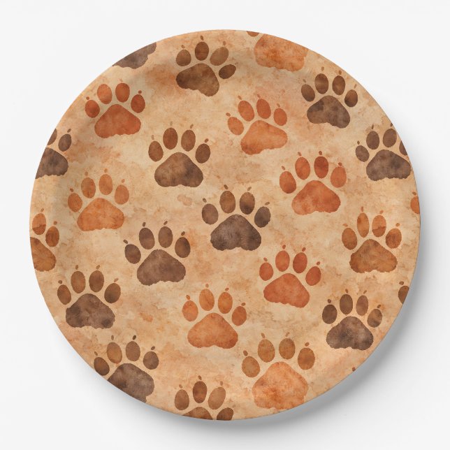 Rustic Watercolor Paw Print Pattern (1) Paper Plate (Front)