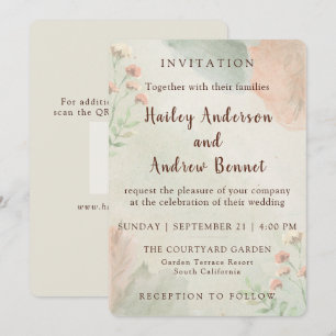 Rustic Watercolor Peach and Green Minimal Wedding Invitation