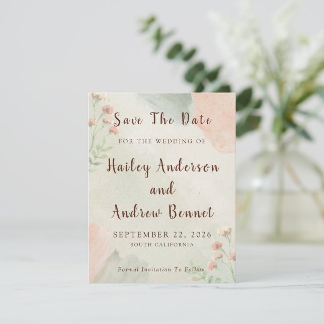 Rustic Watercolor Peach and Green Wedding Save The Date (Standing Front)