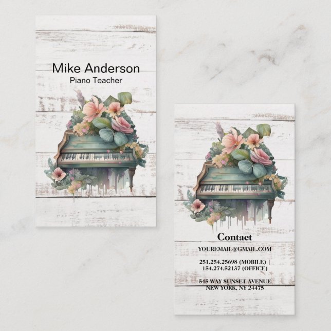 Rustic Watercolor Piano Teacher Business Card (Front/Back)