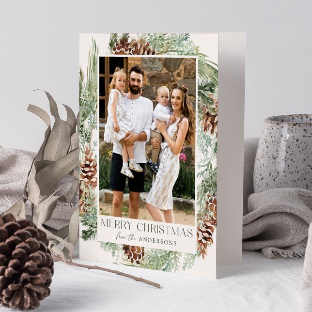 Rustic Watercolor Pine Cone Wreath 2 Photo Holiday Card (Creator Uploaded)