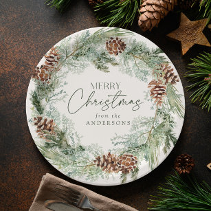 Rustic Watercolor Pine Cone Wreath Merry Christmas Paper Plate