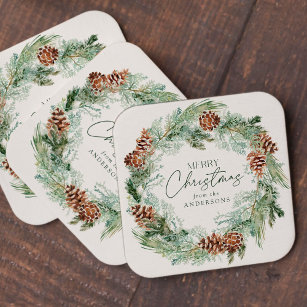 Rustic Watercolor Pine Cone Wreath Merry Christmas Square Paper Coaster