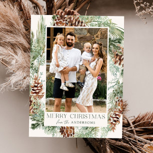 Rustic Watercolor Pine Cone Wreath Photo Holiday Postcard