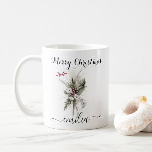 Rustic Watercolor Pine Floral Merry Christmas Name Coffee Mug