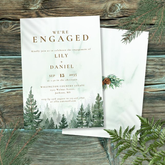 Rustic Watercolor Pine Forest Engagement Party Invitation (Rustic Watercolor Pine Forest Engagement Party Invitation)