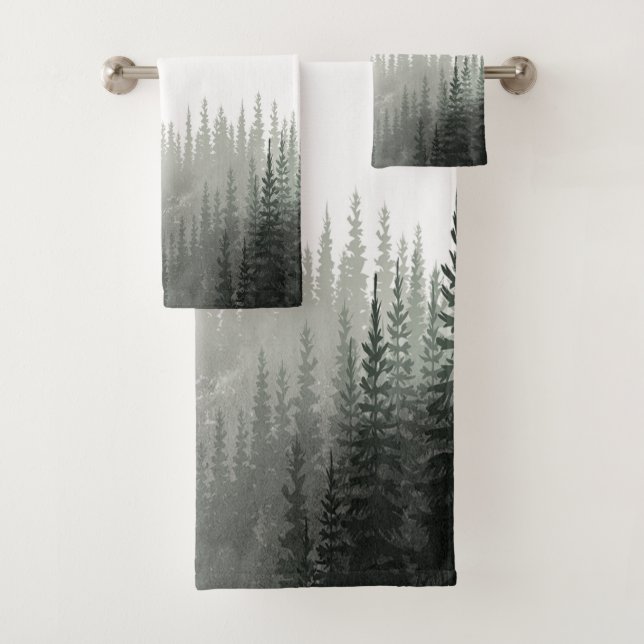 Rustic Watercolor Pine Forest Monogrammed Bath Towel Set (Insitu)