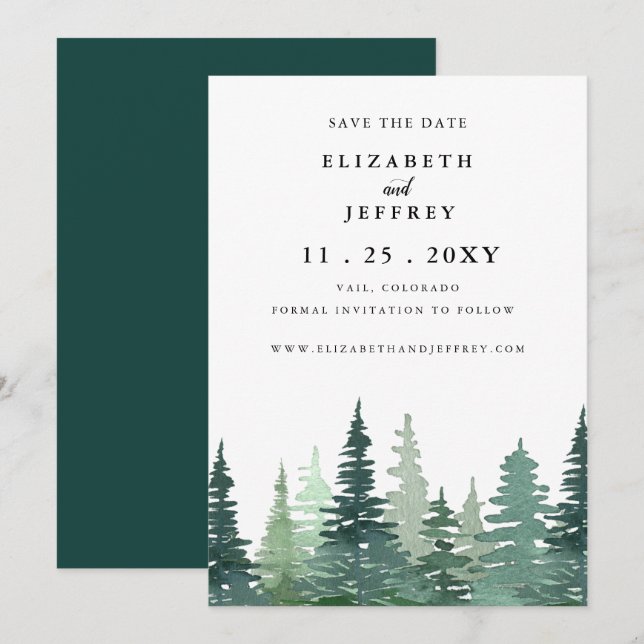 Rustic Watercolor Pine Forest Save The Date  Announcement (Front/Back)