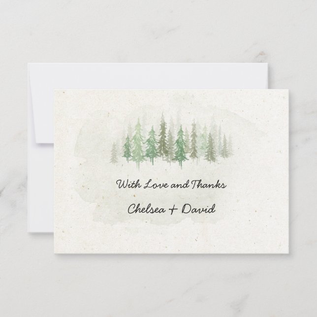 Rustic Watercolor Pine Forest Wedding Thank You Card (Front)