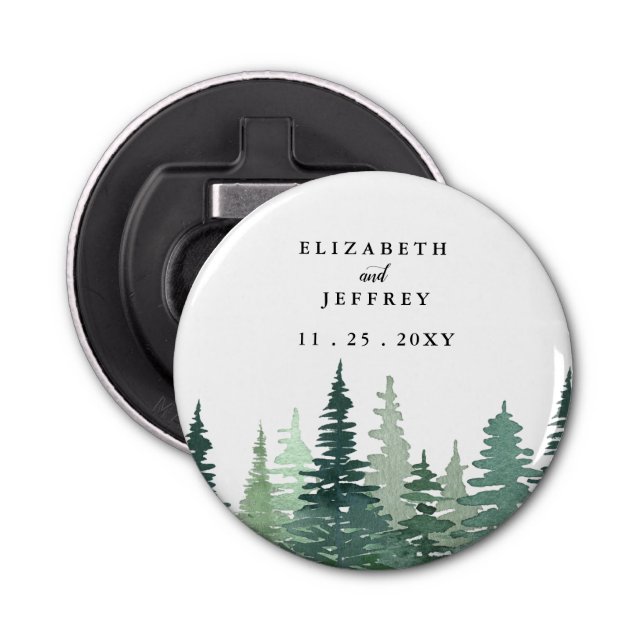 Rustic Watercolor Pine Forest Winter Wedding  Bottle Opener (Front)