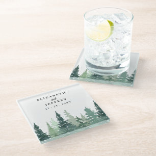 Rustic Watercolor Pine Forest Winter Wedding Glass Coaster