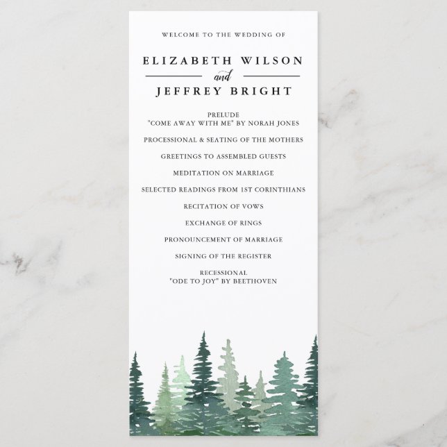 Rustic Watercolor Pine Forest Winter Wedding  Program (Front)