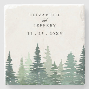 Rustic Watercolor Pine Forest Winter Wedding Stone Coaster