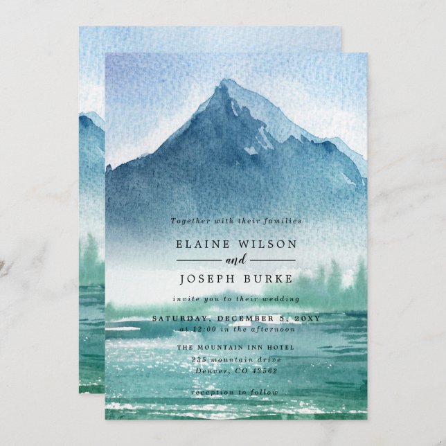 Rustic Watercolor Pine Mountains Lake Wedding Invitation (Front/Back)