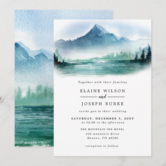 Rustic Watercolor Pine Mountains Lake Wedding Invitation (Front/Back)