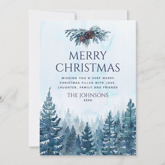 Rustic Watercolor Pine Tree Forest Christmas Holiday Card (Front)
