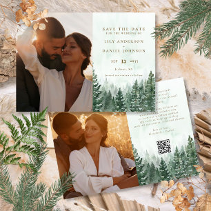 Rustic Watercolor Pine Tree Forest Photo QR Code Save The Date