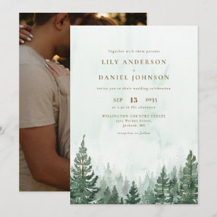 Rustic Watercolor Pine Tree Forest Photo Wedding Invitation