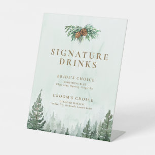 Rustic Watercolor Pine Tree Forest Signature Drink Pedestal Sign