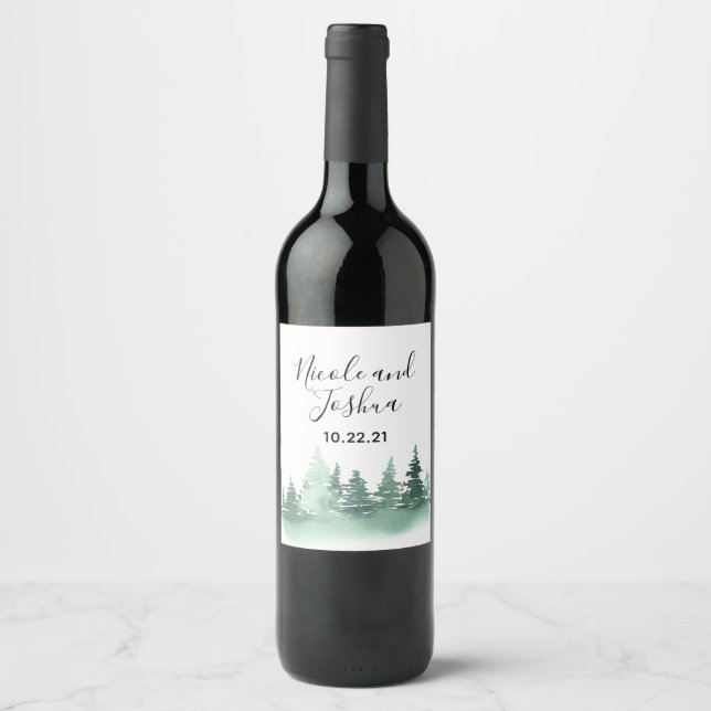 Rustic watercolor pine tree forest wedding wine label (Front)
