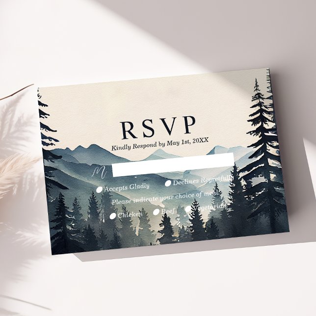 Rustic Watercolor Pine Tree Mountain Wedding RSVP Card (Creator Uploaded)
