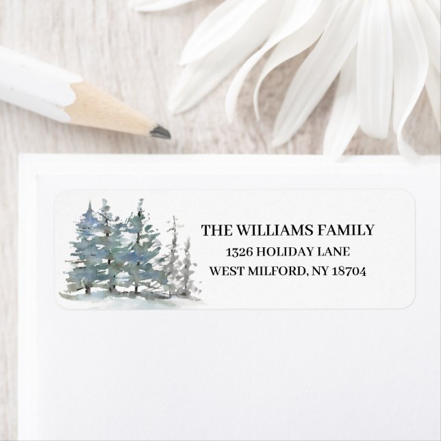 Rustic Watercolor Pine Tree Winter Address (Insitu)