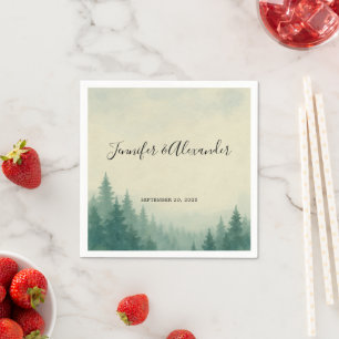 Rustic watercolor pine trees forest wedding napkin