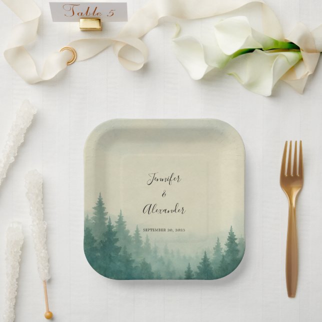 Rustic watercolor pine trees forest wedding paper plate (Wedding)