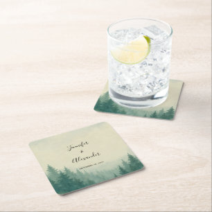 Rustic watercolor pine trees forest wedding square paper coaster