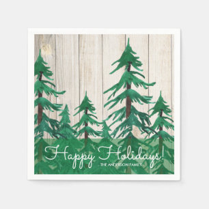 Rustic Watercolor Pine Trees Happy Holidays Napkin